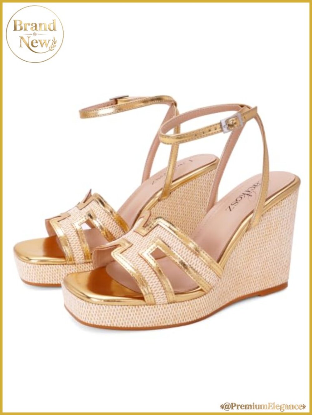 Raffia Platform Wedge Sandals Geometric Cutout Ankle Strap Open Toe Summer